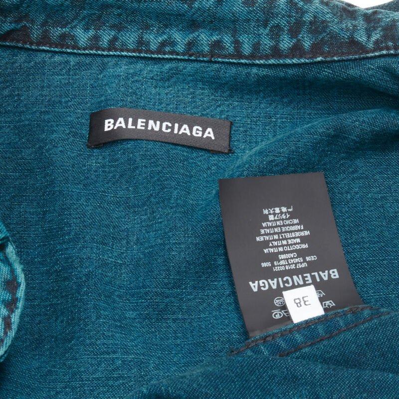 BALENCIAGA 2018 turquoise acid dye washed heavy cotton ripped cuff shirt EU38 S For Sale 4