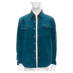 BALENCIAGA 2018 turquoise acid dye washed heavy cotton ripped cuff shirt EU38 S