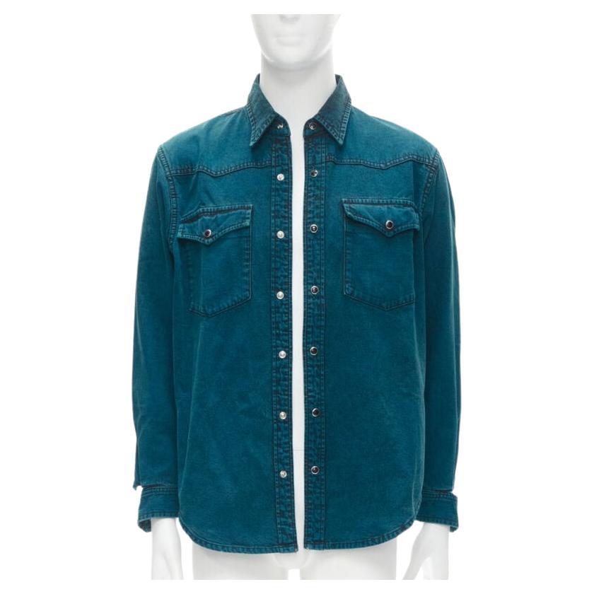 BALENCIAGA 2018 turquoise acid dye washed heavy cotton ripped cuff shirt EU38 S For Sale