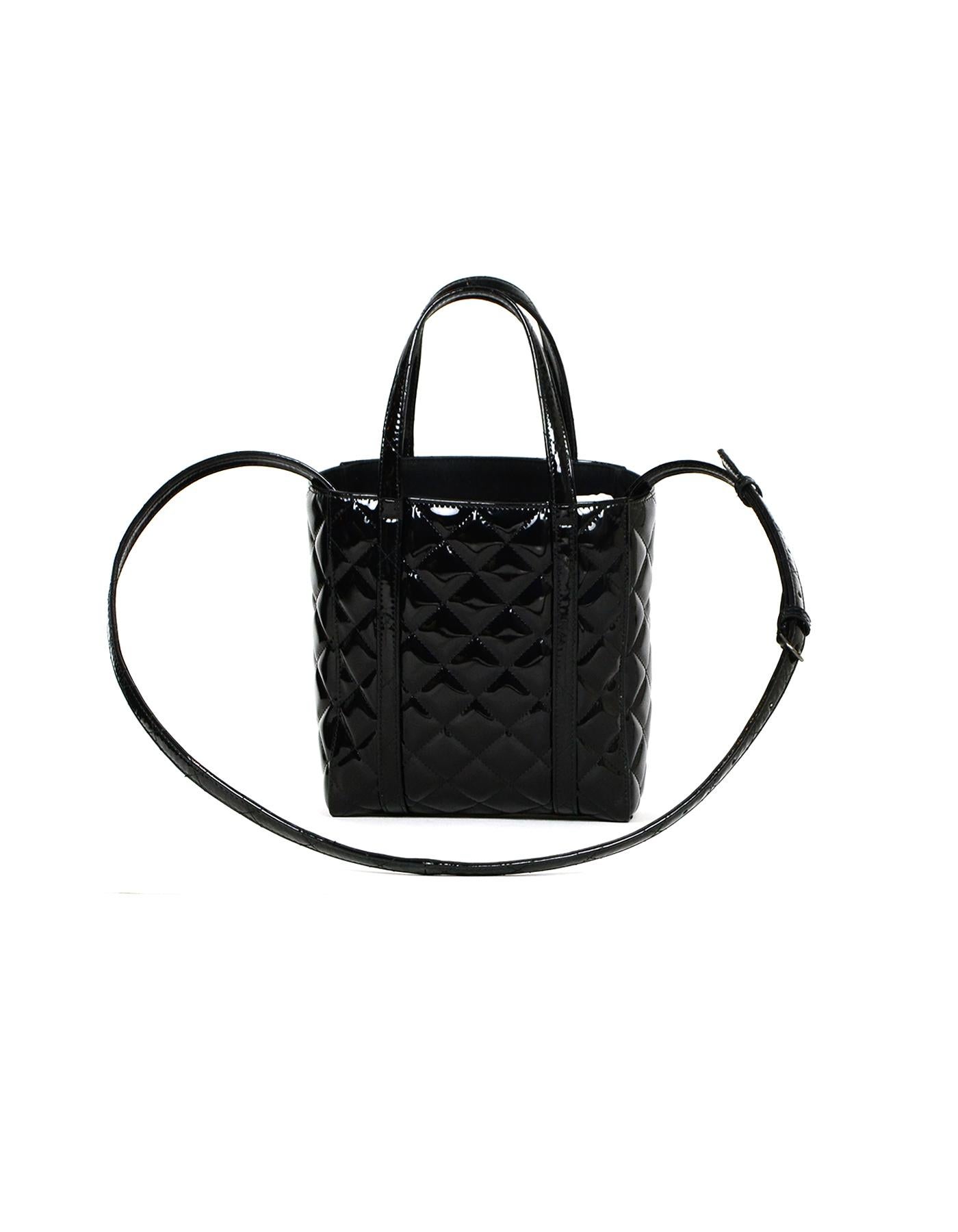 black patent quilted tote bag