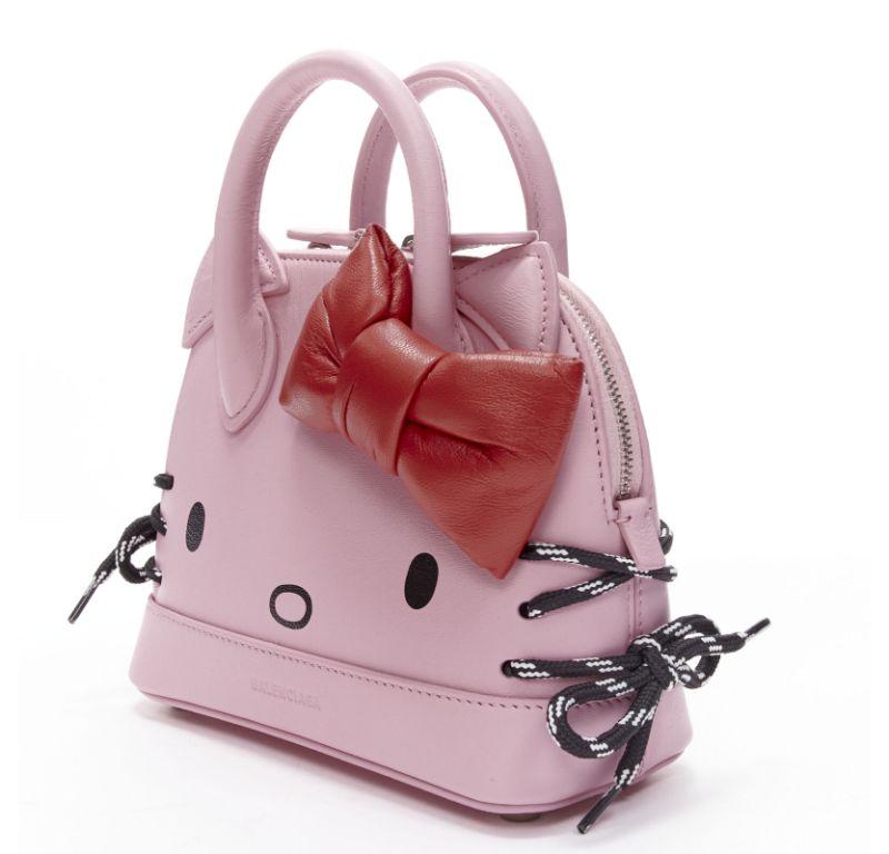 Women's BALENCIAGA 2020 Hello Kitty Ville XXS pink red bow top handle crossbody bag