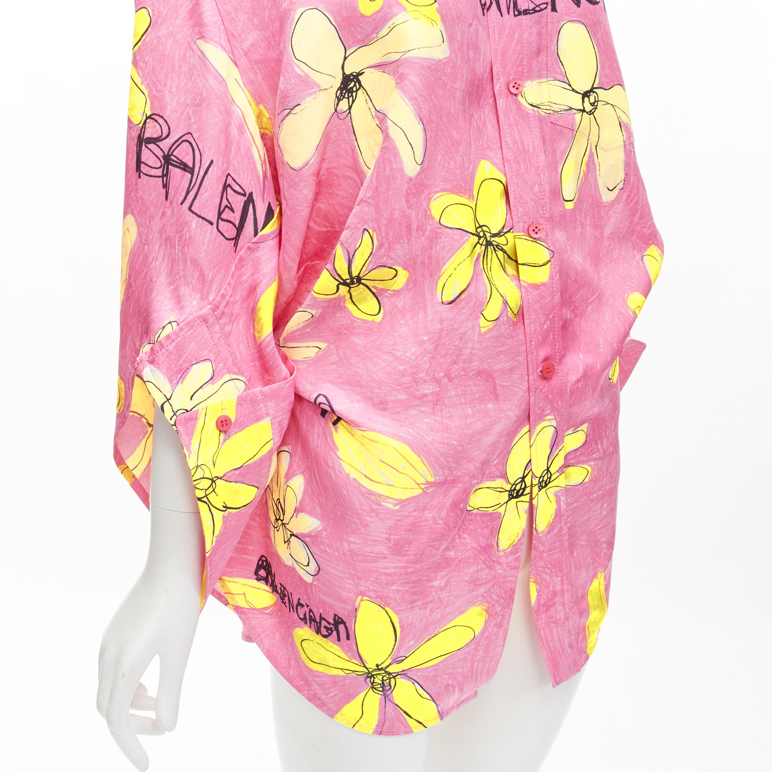 BALENCIAGA 2021 Julian Farade pink yellow floral deconstructed shirt FR34 XS 
Reference: KEDG/A00151 
Brand: Balenciaga 
Designer: Demna 
Collection: Julian Farade 
Material: Polyester 
Color: Pink 
Pattern: Floral 
Closure: Button 
Extra Detail: