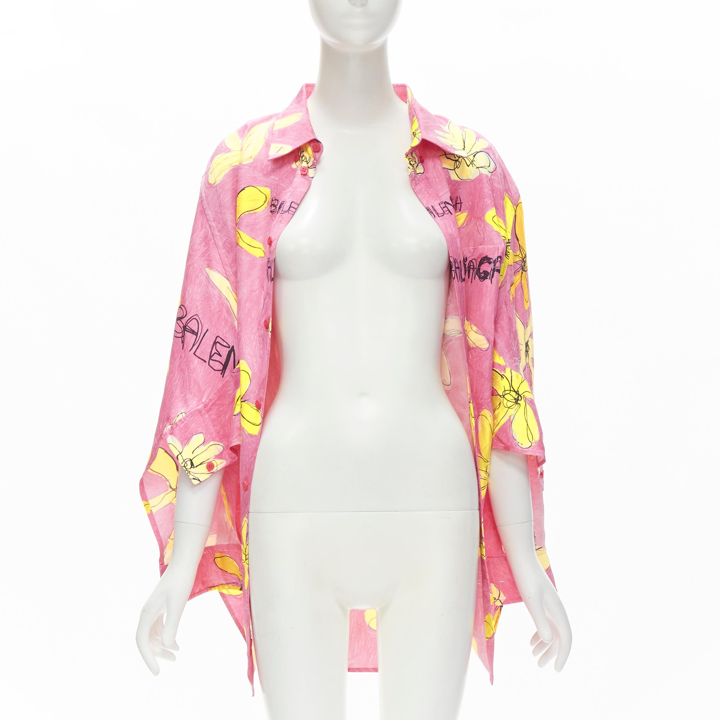 BALENCIAGA 2021 Julian Farade pink yellow floral deconstructed shirt FR34 XS In Excellent Condition In Hong Kong, NT