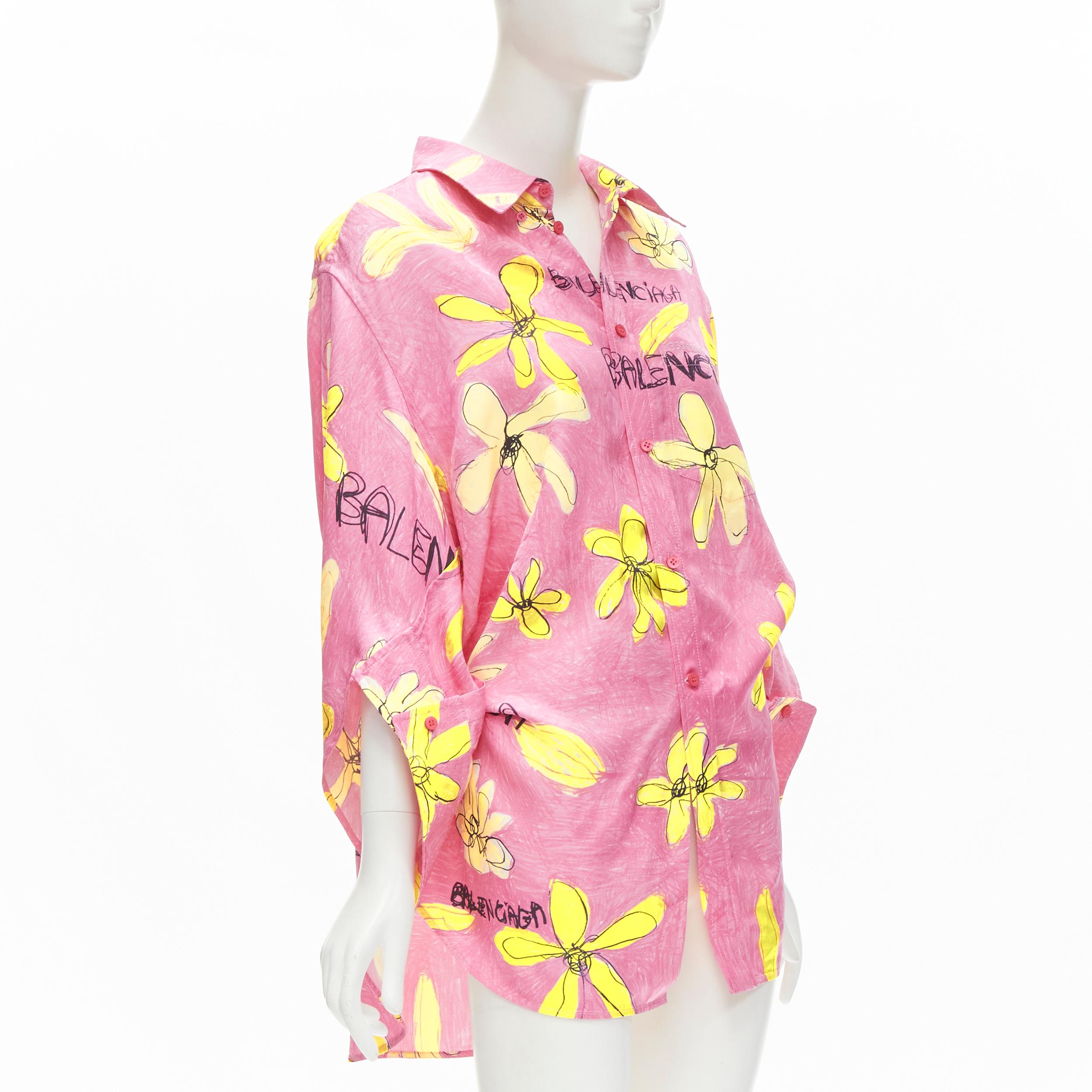 Women's BALENCIAGA 2021 Julian Farade pink yellow floral deconstructed shirt FR34 XS