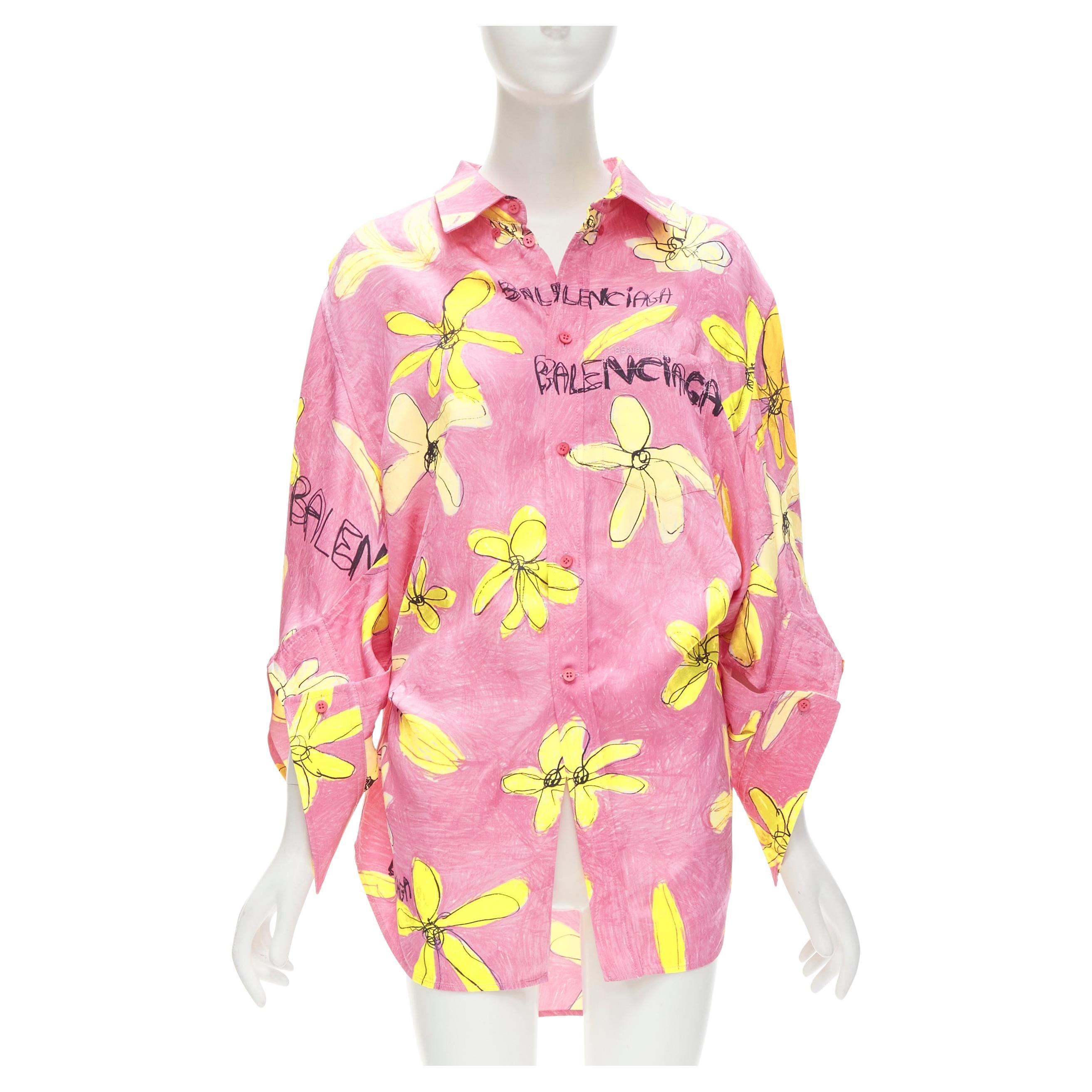 BALENCIAGA 2021 Julian Farade pink yellow floral deconstructed shirt FR34 XS