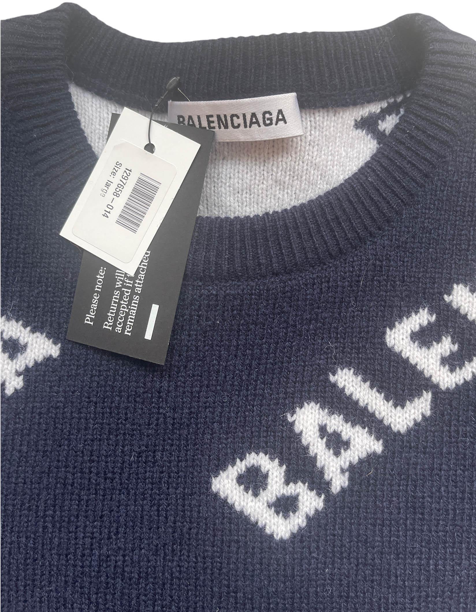 Balenciaga 2021 NEW WITH TAGS Navy Wool Blend Logo Sweater sz Large at  1stDibs