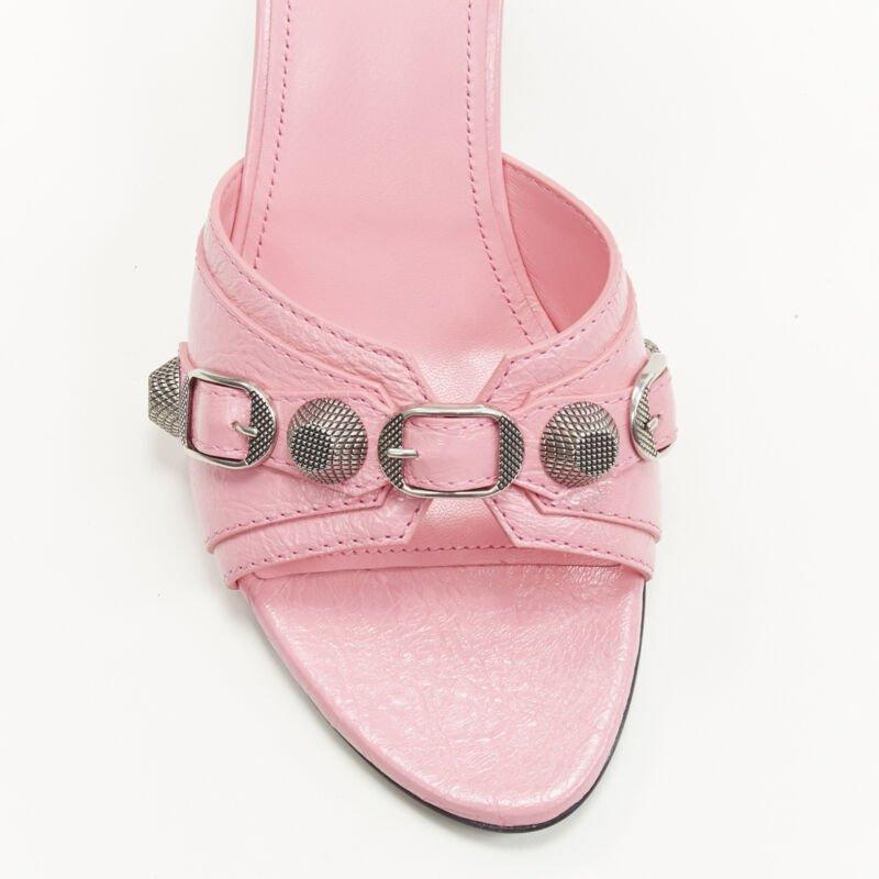 BALENCIAGA 2022 Cagole pink leather silver studded mule heel EU38 US8 For Sale 1