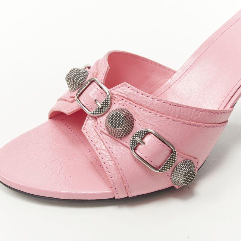 BALENCIAGA 2022 Cagole pink leather silver studded mule heel EU38 US8 For Sale 2