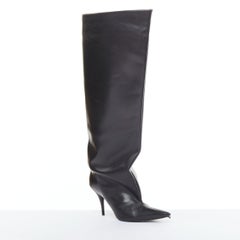 BALENCIAGA 2022 Runway Waders 90mm black leather flared shaft pointy boots EU