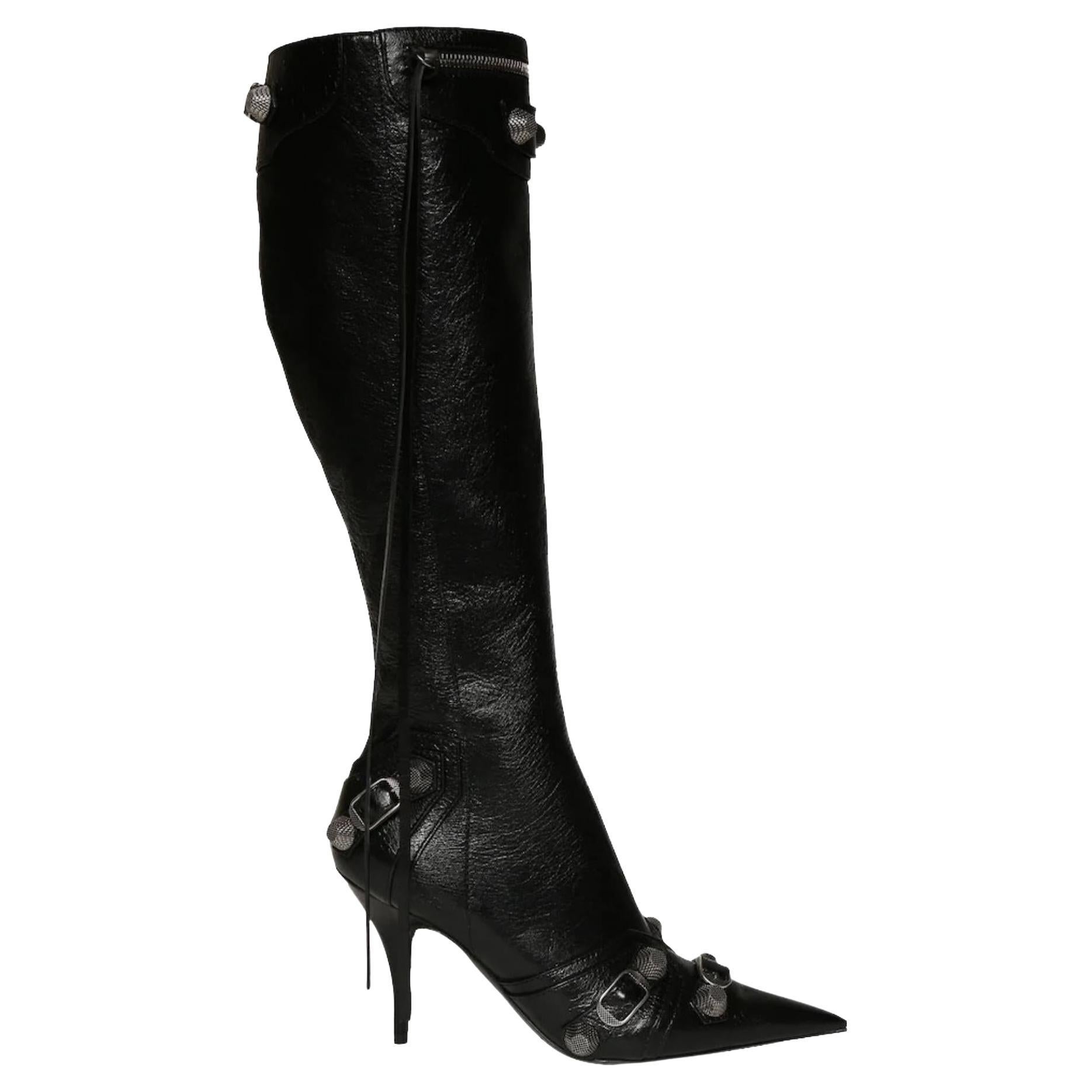 Balenciaga 90mm Cagole Leather Black Tall Boots (Eu 39 Us 8) at 1stDibs