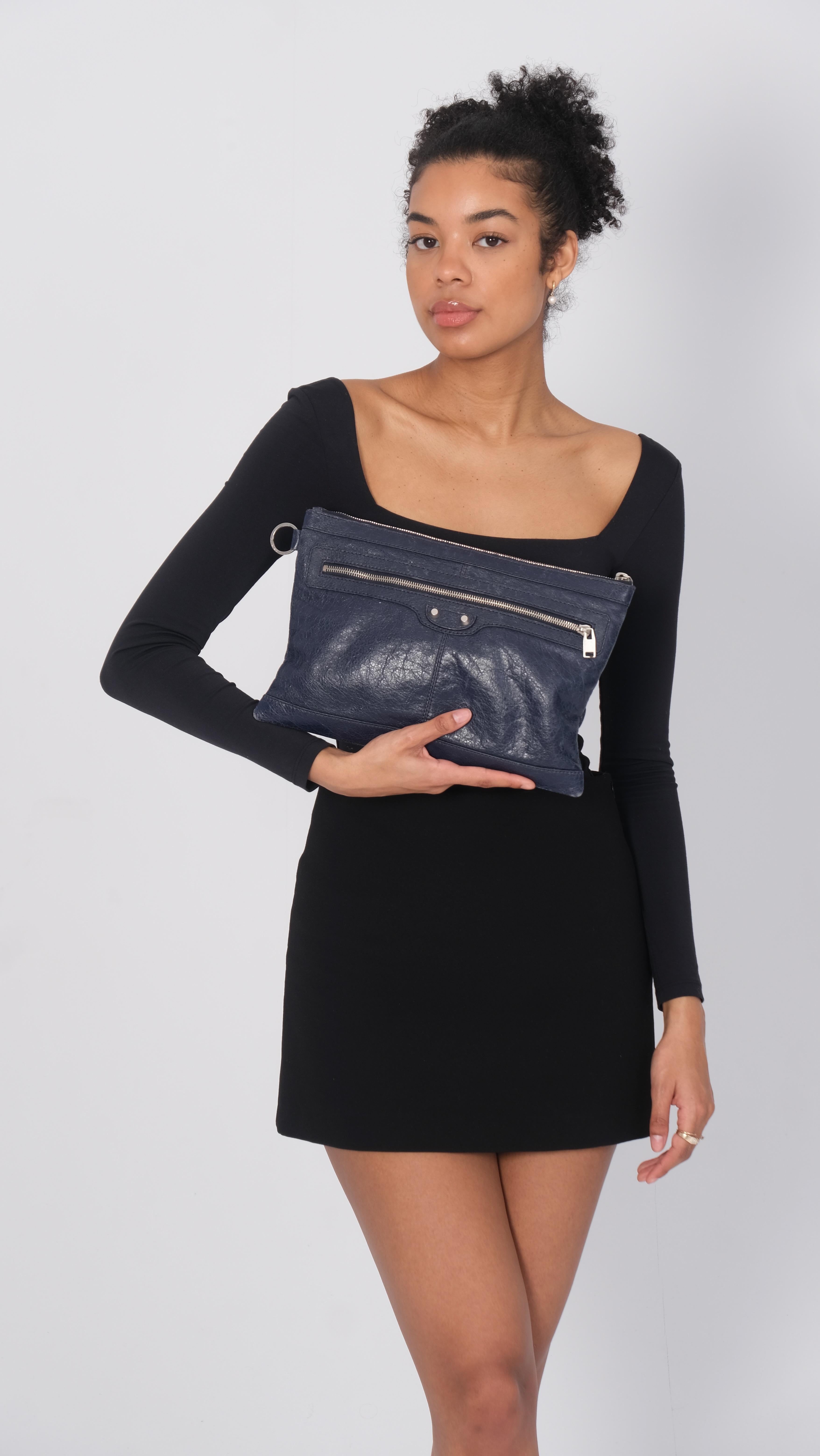 Balenciaga Aged Leather City Pouch Bag Navy 6