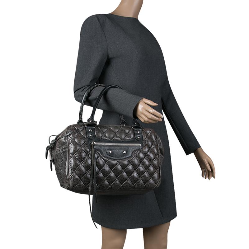 Black Balenciaga Anthracite Quilted Chevre Leather Satchel