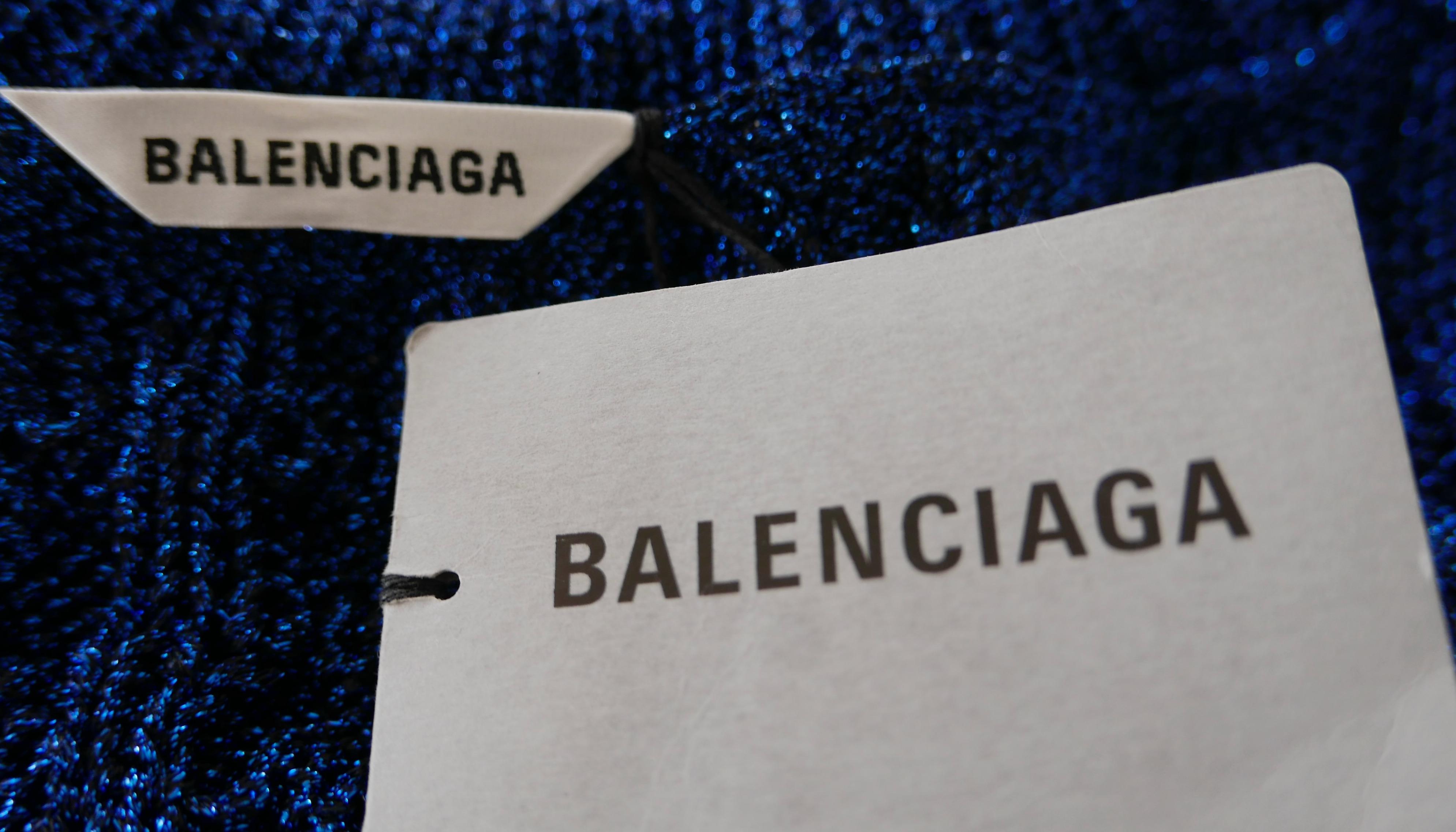 Balenciaga, Balenciaga x Demna Gvasalia AW20 Blue Metallic Distressed Hem Sweate For Sale 3