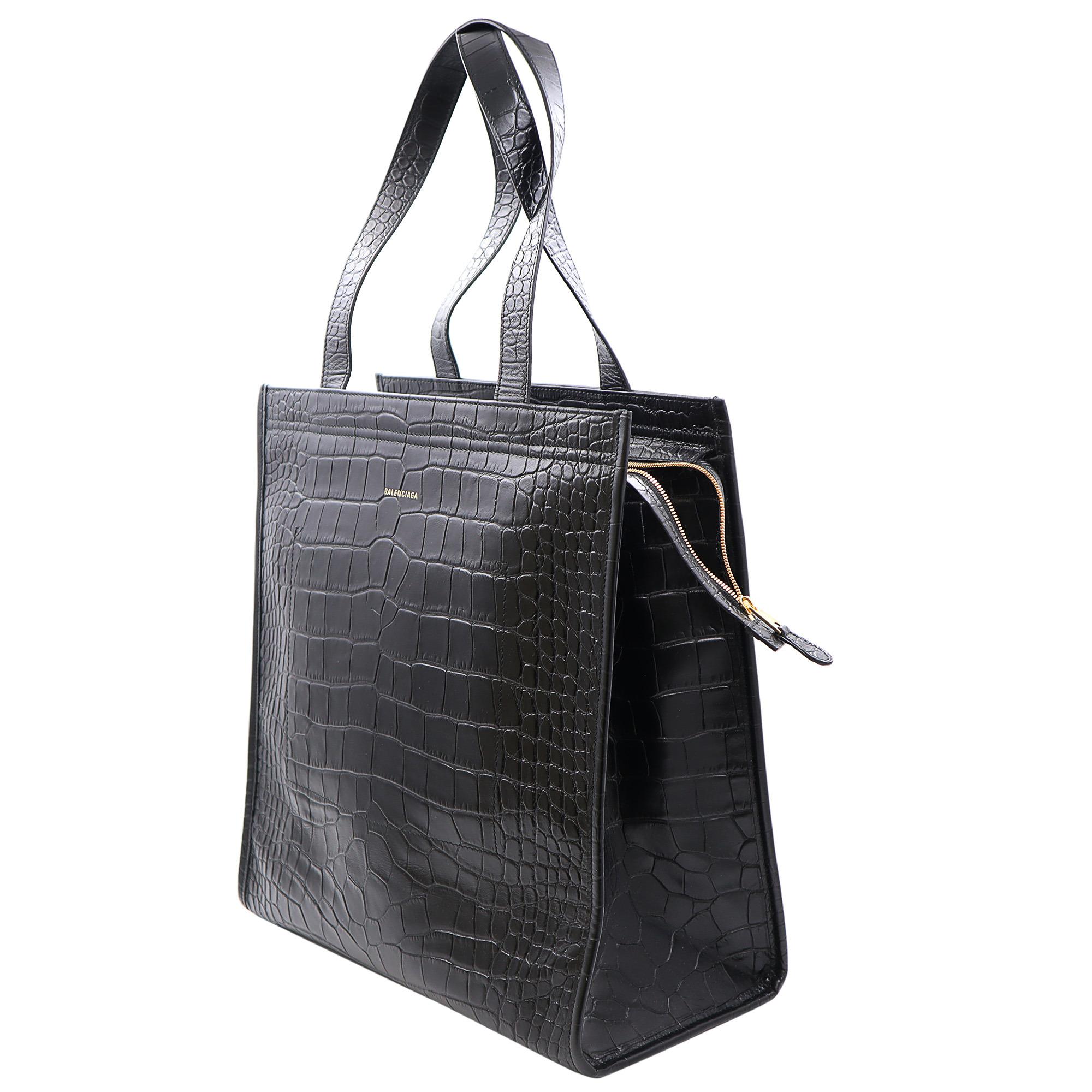 Noir Balenciaga Bazar - Sac fourre-tout en cuir de crocodile noir pour femme, taille moyenne en vente