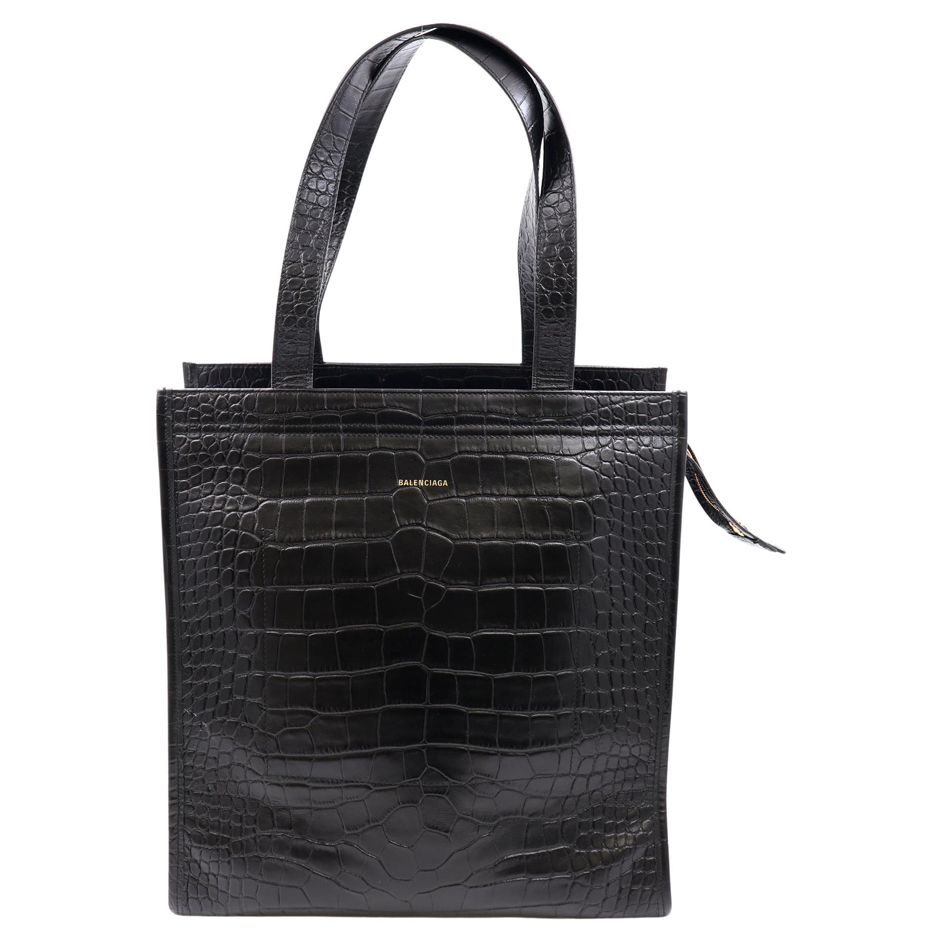 Balenciaga Bazar - Sac fourre-tout en cuir de crocodile noir pour femme, taille moyenne