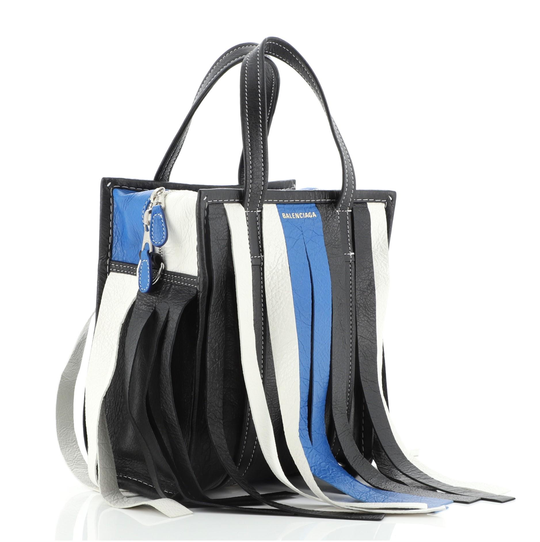 Balenciaga Bazar Convertible Tote Fringe Striped Leather XS Black, Blue For  Sale at 1stDibs
