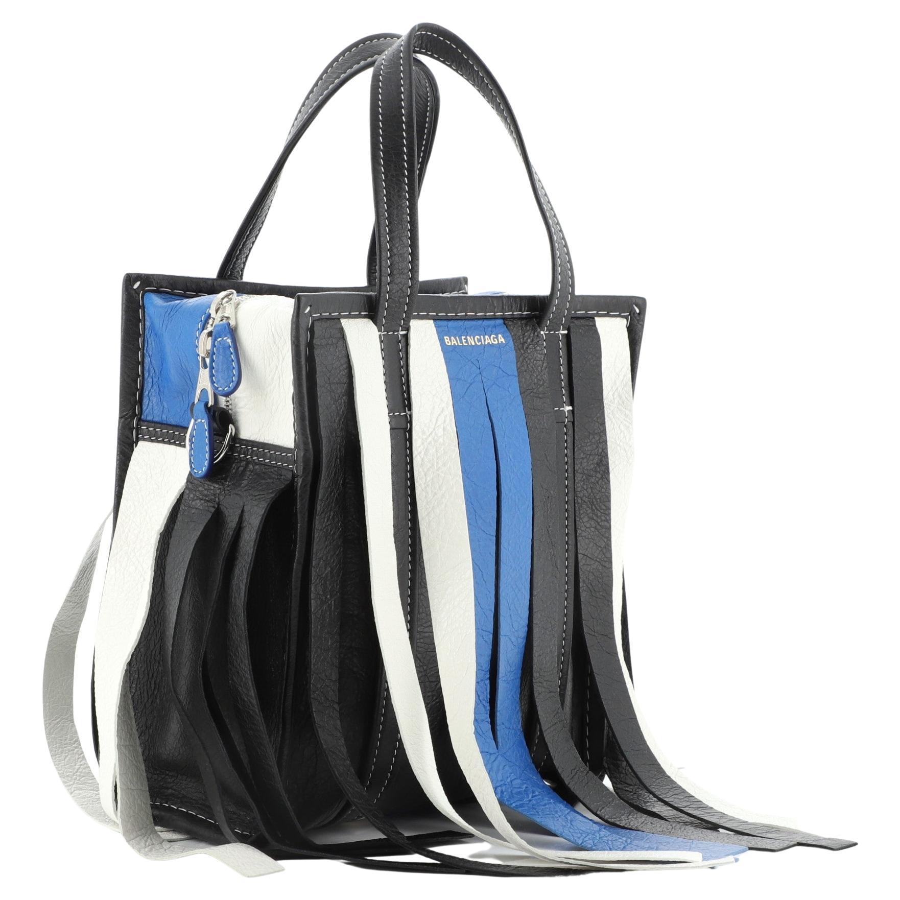 Balenciaga Bazar Convertible Tote Fringe Striped Leather XS Black, Blue