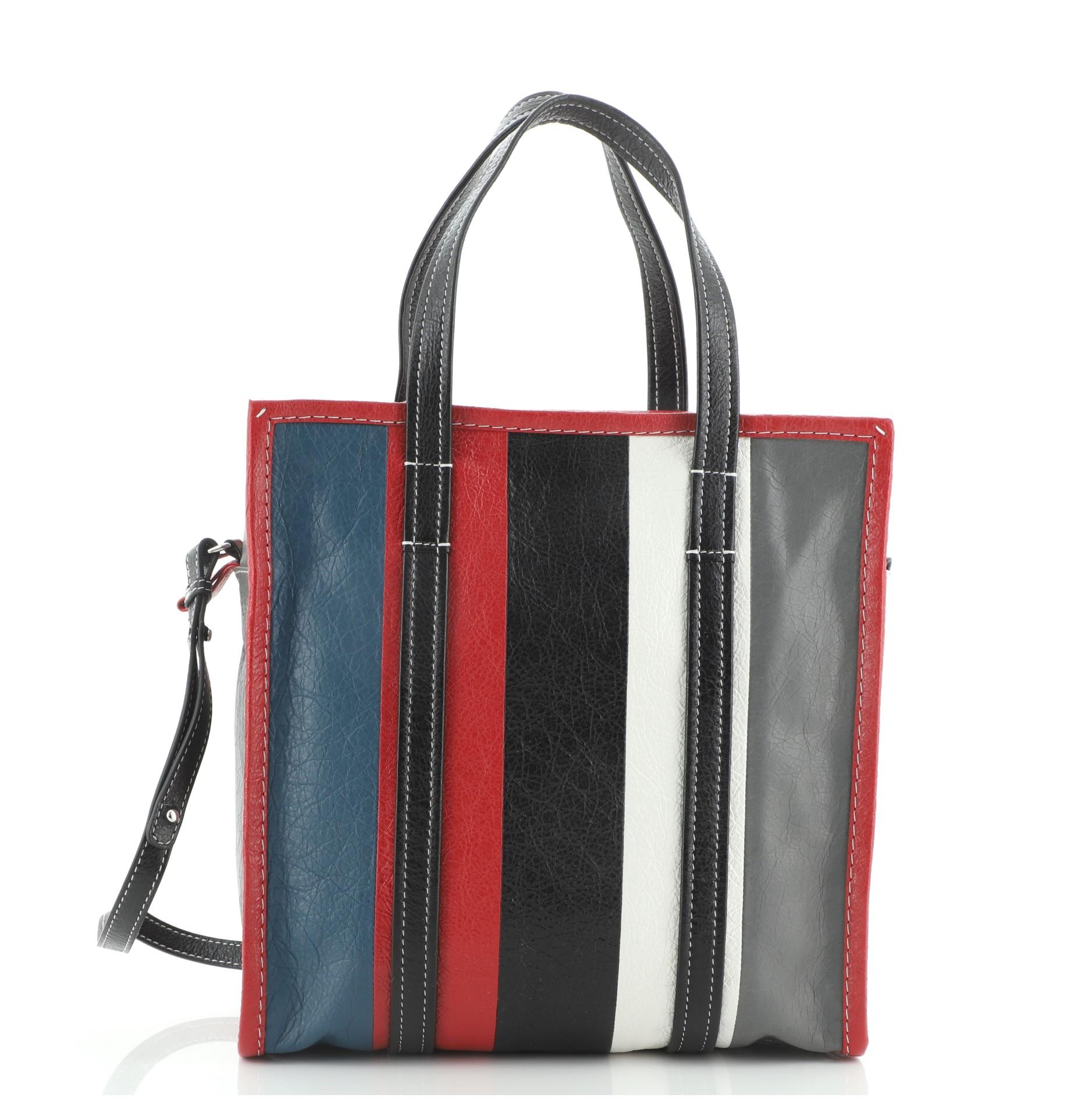 Gray Balenciaga Bazar Convertible Tote Striped Leather Small Blue, Multicolor, Red
