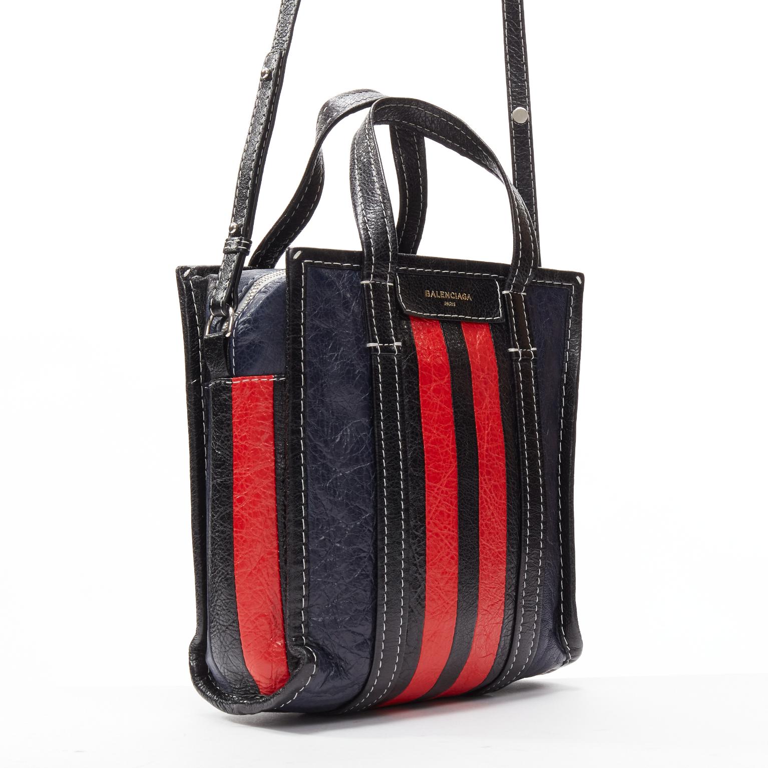 Black BALENCIAGA Bazar navy red striped leather top handle crossbody bag For Sale