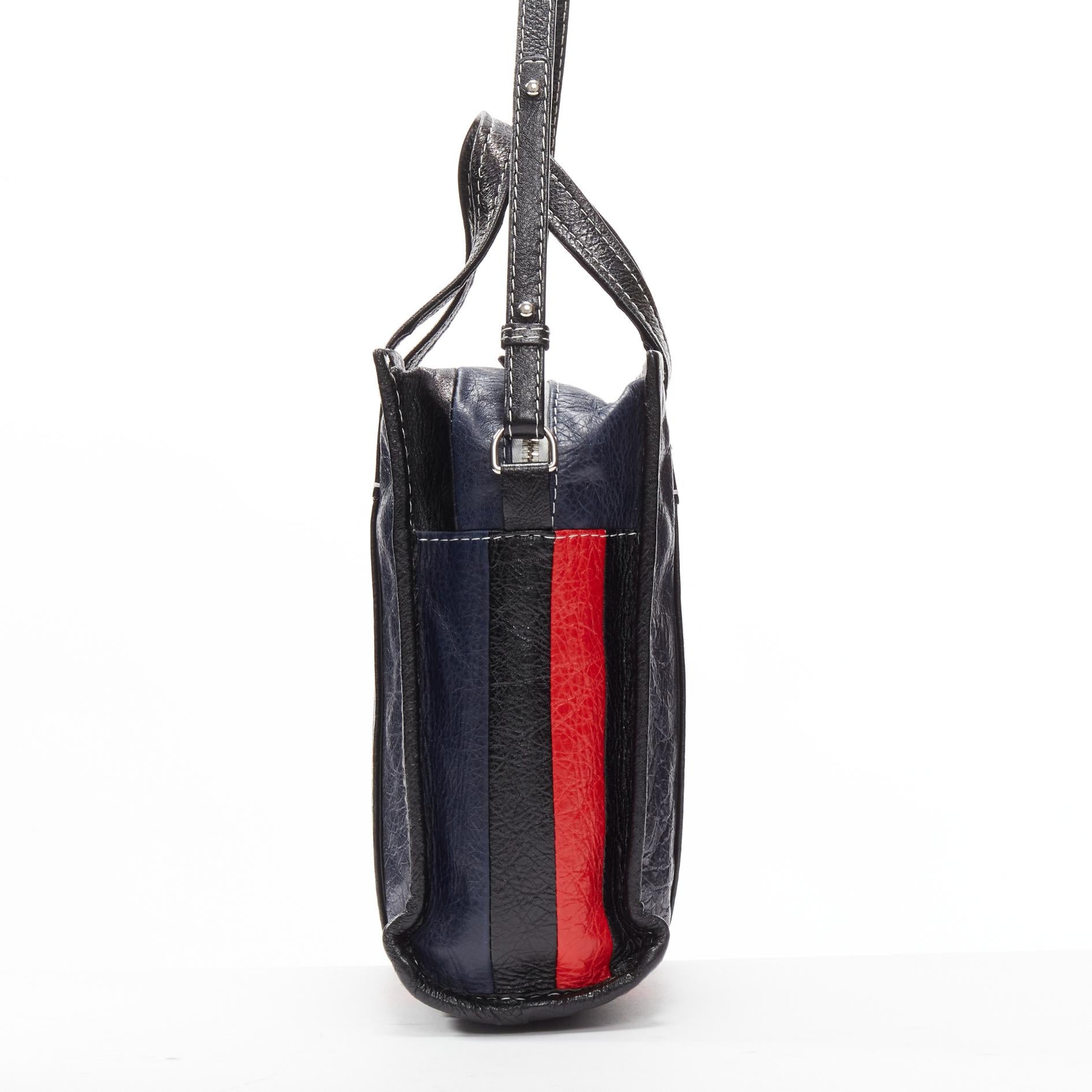 BALENCIAGA Bazar navy red striped leather top handle crossbody bag In Good Condition For Sale In Hong Kong, NT