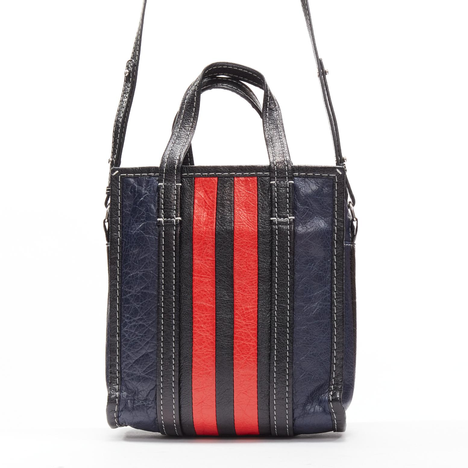 Women's BALENCIAGA Bazar navy red striped leather top handle crossbody bag For Sale