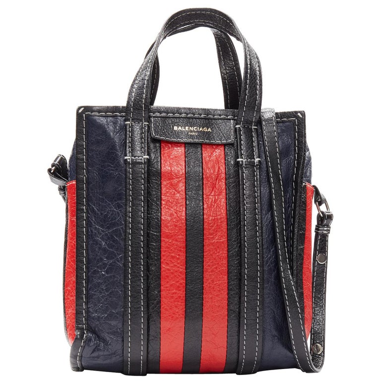 BALENCIAGA Bazar Bolso bandolera de piel a rayas azul marino y