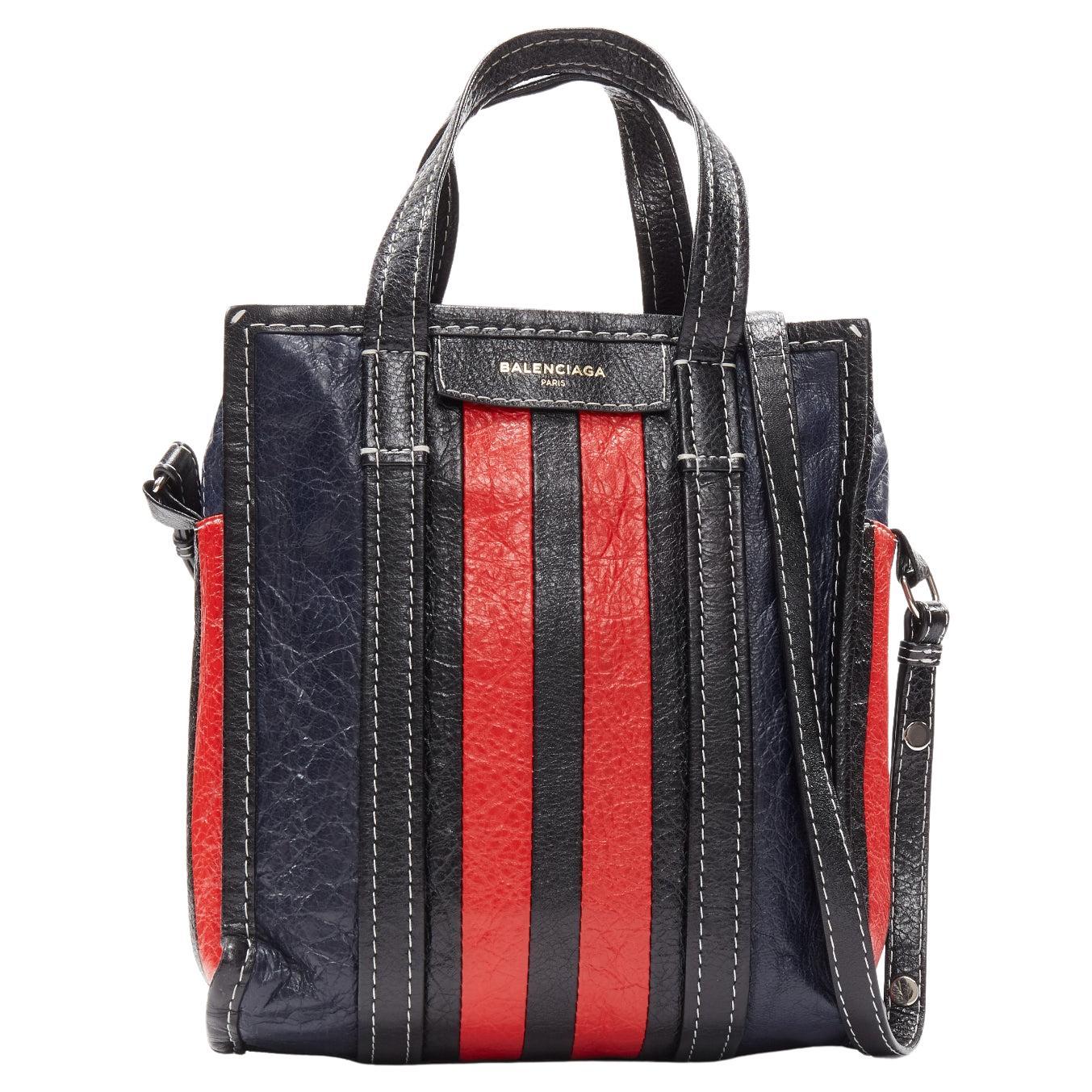 BALENCIAGA Bazar navy red striped leather top handle crossbody bag For Sale