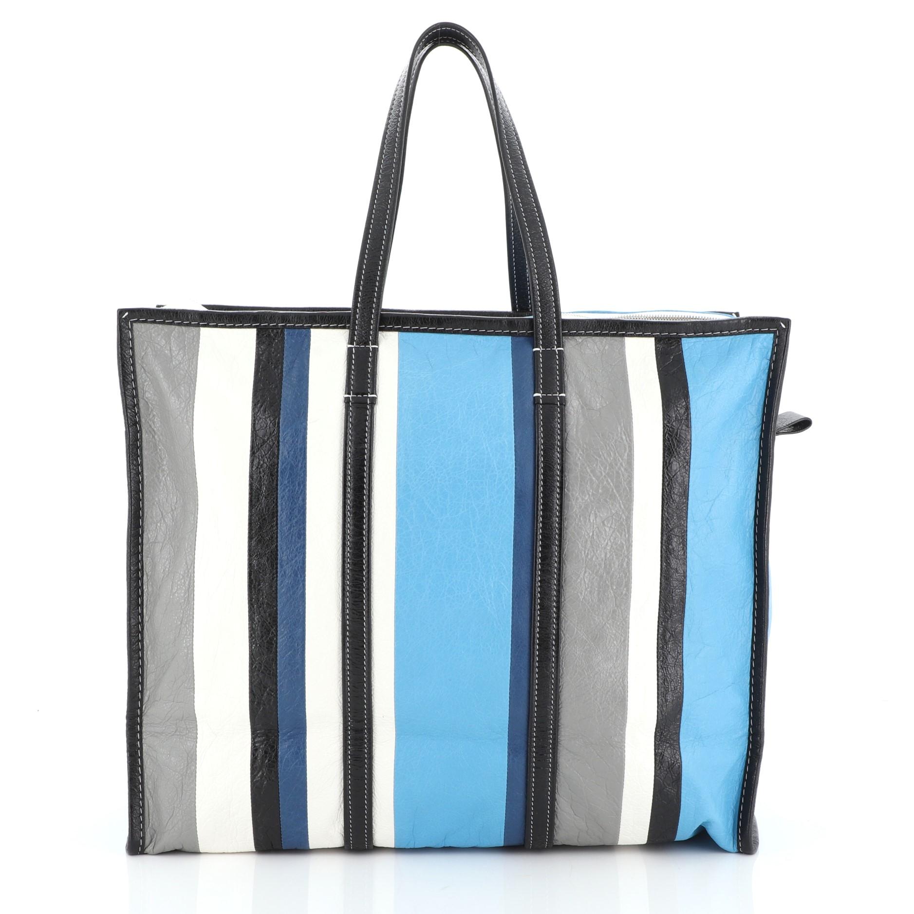 Blue Balenciaga Bazar Tote Striped Leather Large