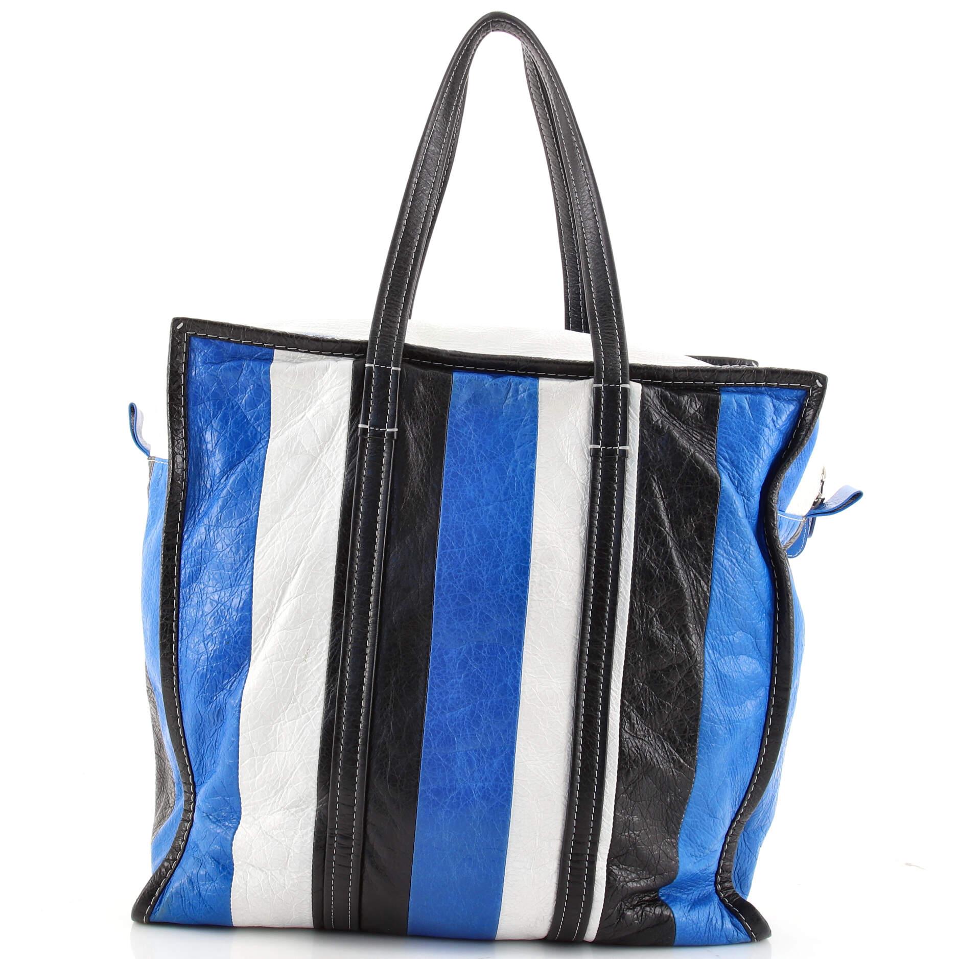 Blue Balenciaga Bazar Tote Striped Leather Medium