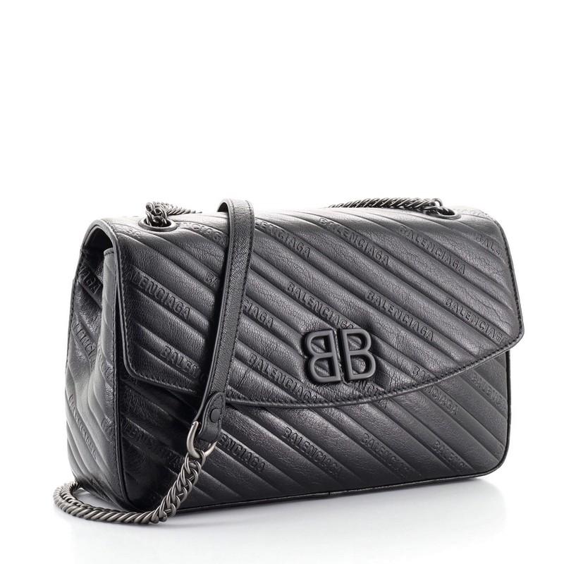 Black Balenciaga BB Chain Round Shoulder Bag Embossed Leather Medium