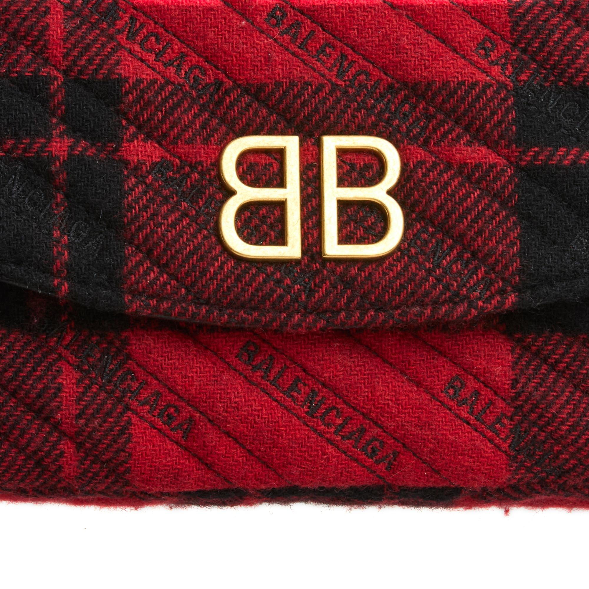 Brown Balenciaga BB Chain Sac S Red Black Wool Tartan Golden BB Bag For Sale