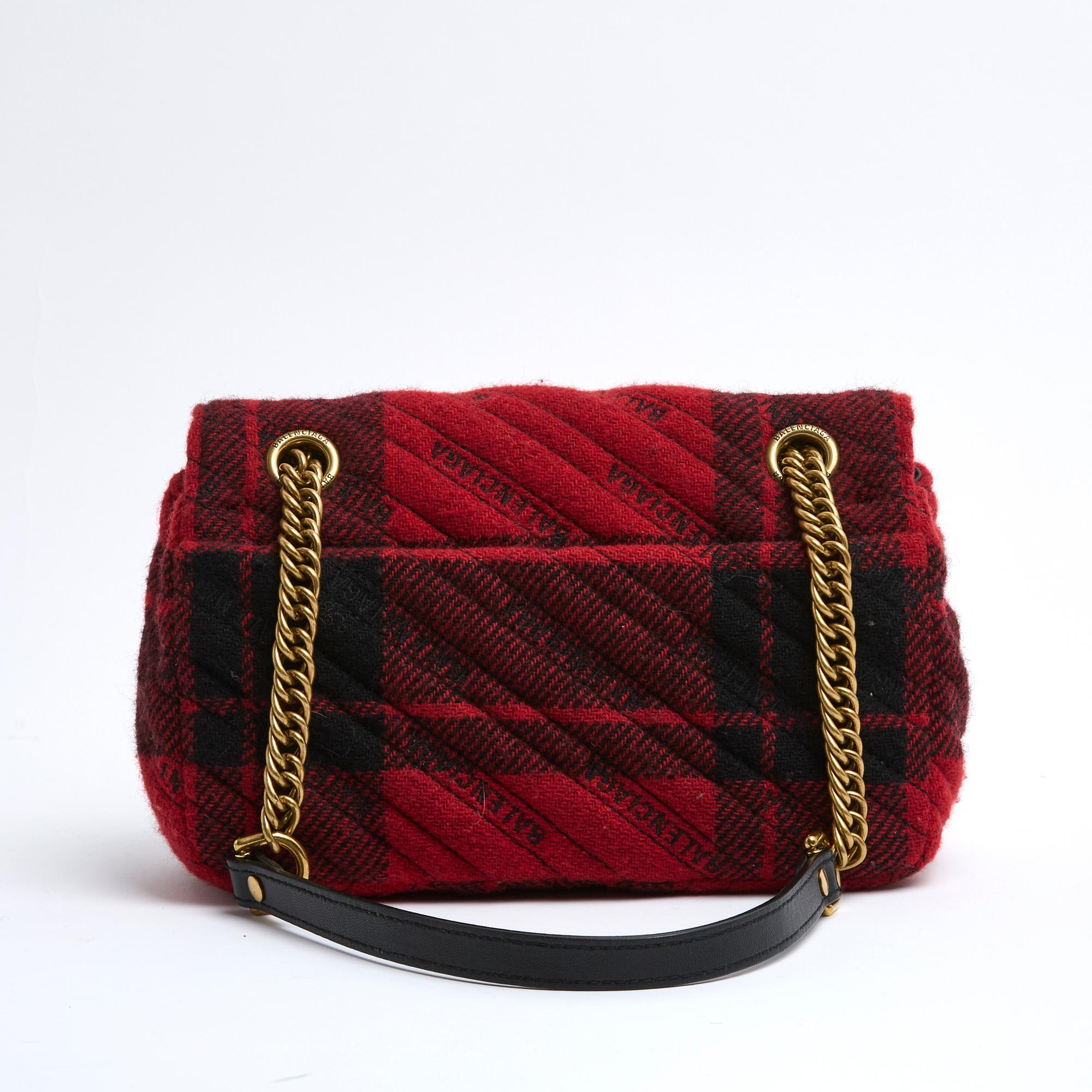 Balenciaga BB Chain Sac S Red Black Wool Tartan Golden BB Bag For Sale 1
