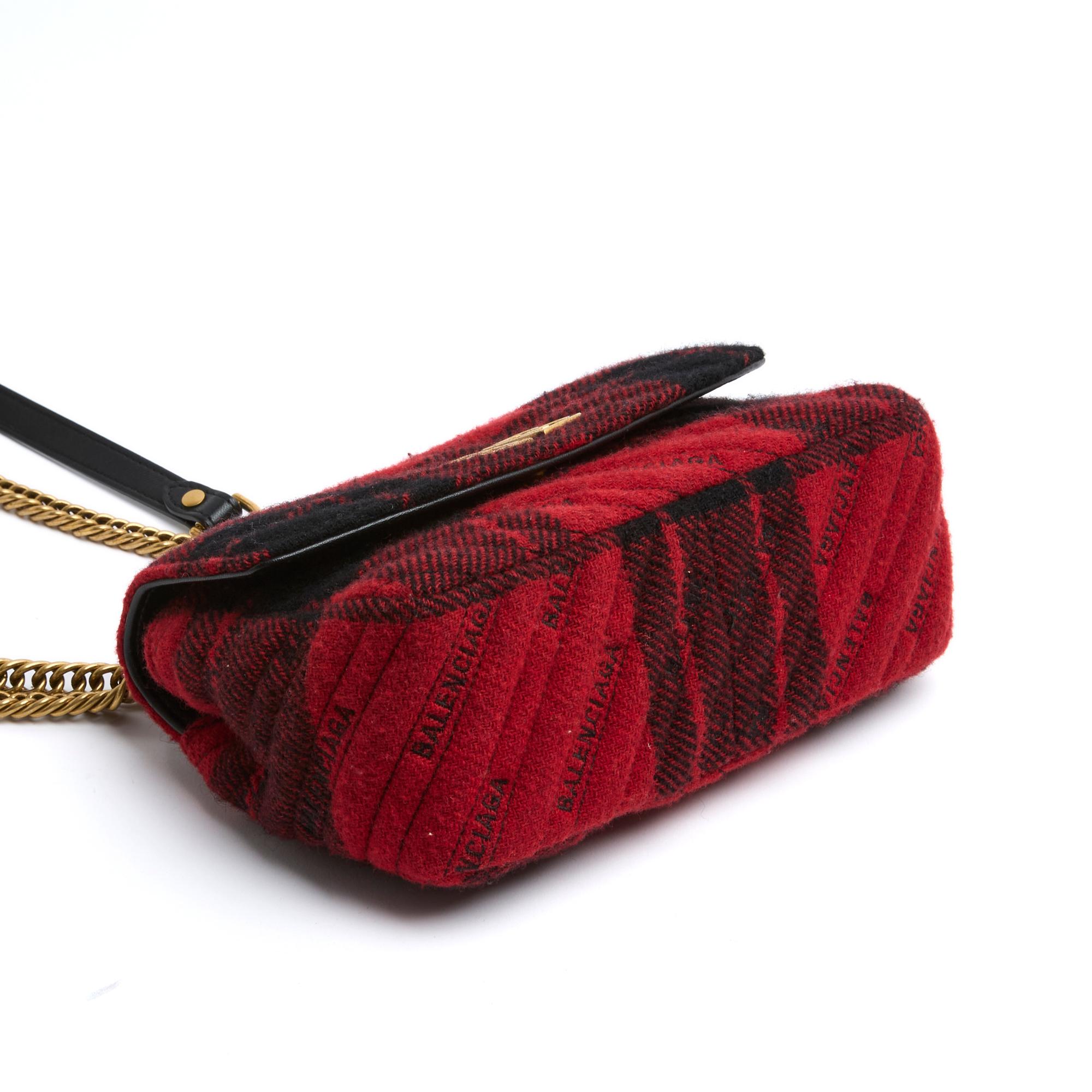 Balenciaga BB Chain Sac S Red Black Wool Tartan Golden BB Bag For Sale 2