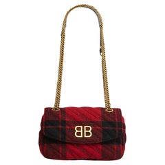 Balenciaga BB Chain Sac S Red Black Wool Tartan Golden BB Bag