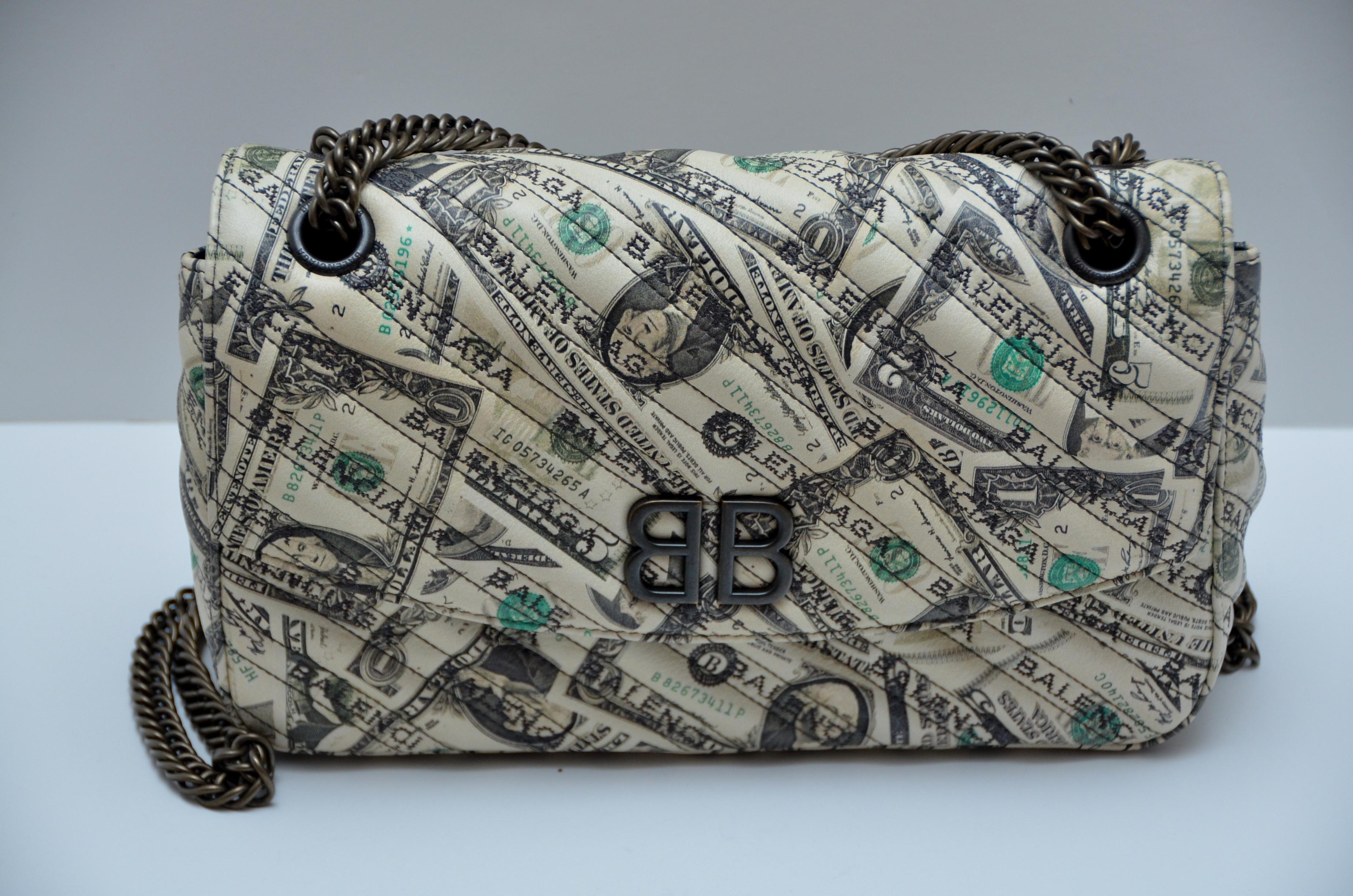 Rare Balenciaga BB Round Medium Dollar-Print Leather Chain Shoulder Bag   Balenciaga 