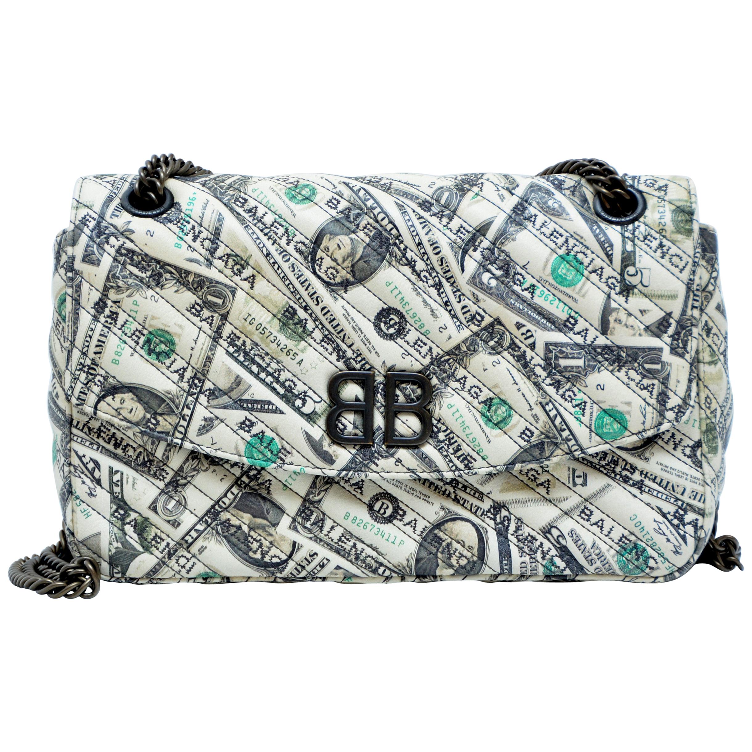 Balenciaga BB Dollar Print Leather Chain Handbag Seen On Khloe Kardashian  NEW For Sale at 1stDibs | balenciaga money bag