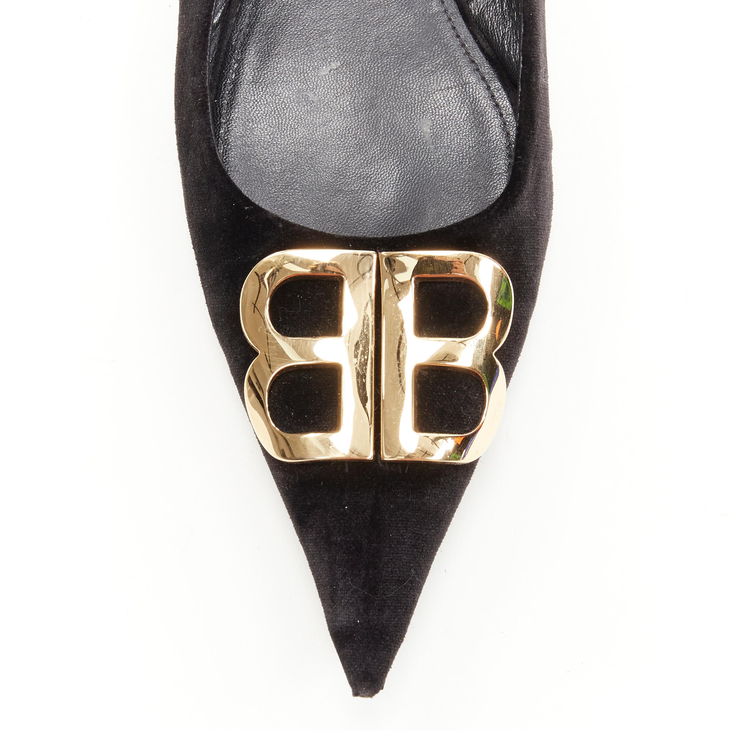 BALENCIAGA BB gold buckle black velvet slingback pointed flats EU38.5 2
