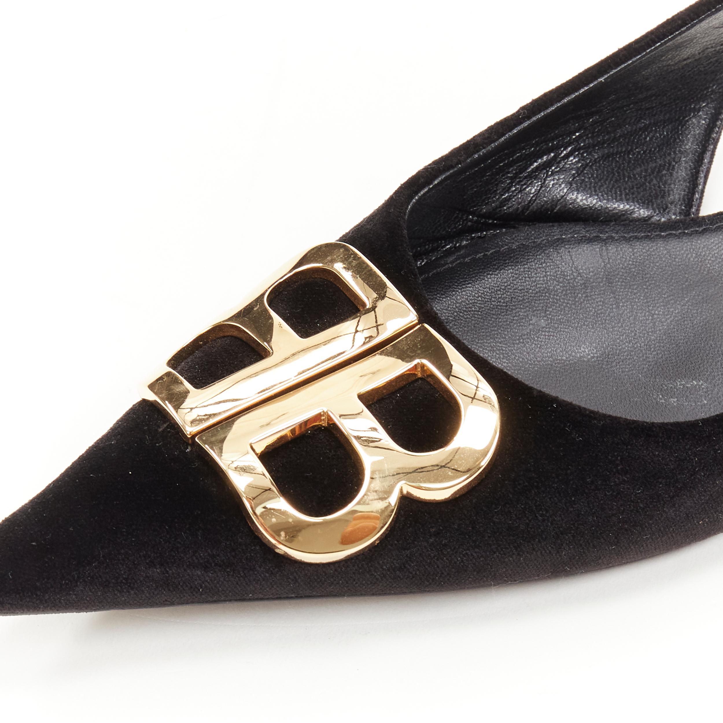 BALENCIAGA BB gold buckle black velvet slingback pointed flats EU38.5 3