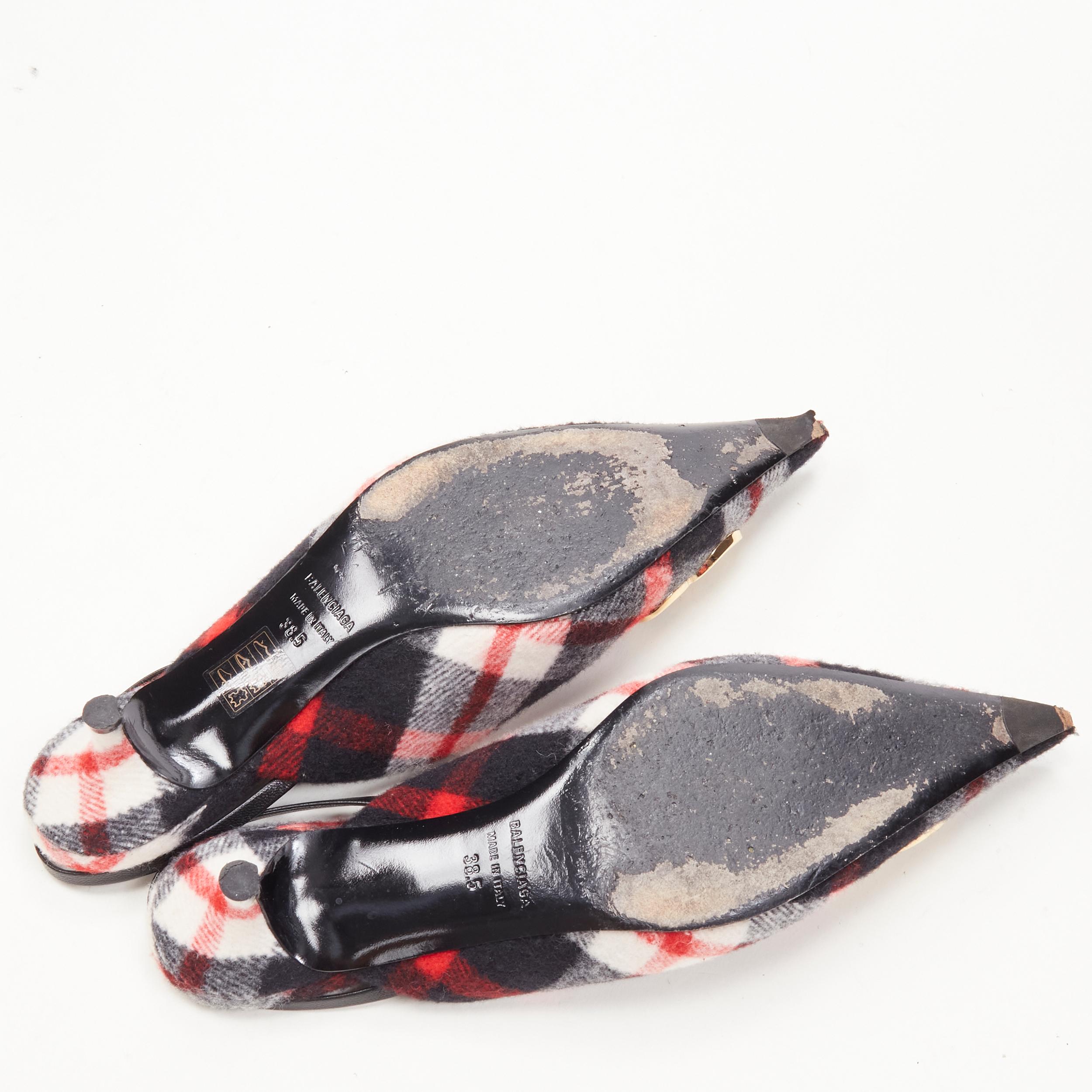 BALENCIAGA BB Knife gold logo red black plaid wool sling kitten pump EU38.5 4