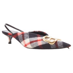 BALENCIAGA BB Knife gold logo red black plaid wool sling kitten pump EU38.5