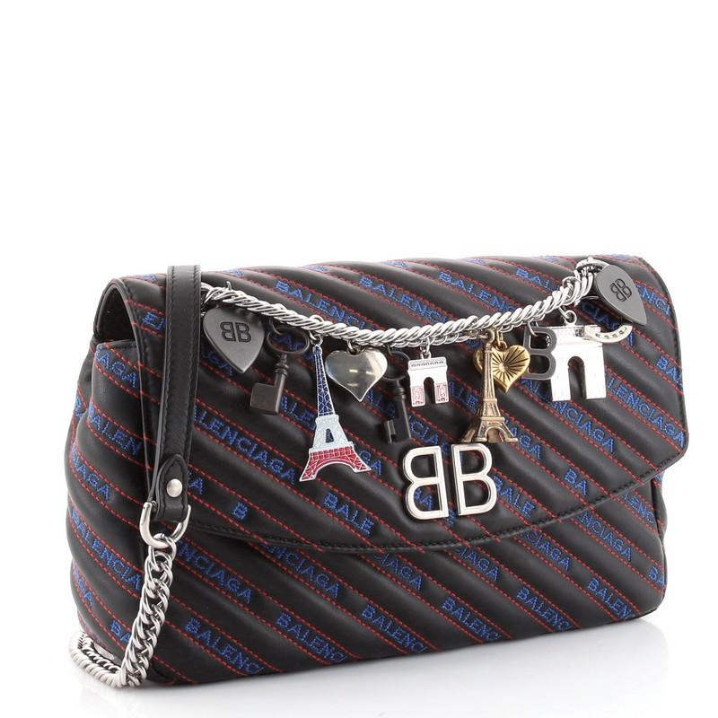 Nero Balenciaga BB Souvenir Borsa a tracolla rotonda con catena e ricami trapuntati
