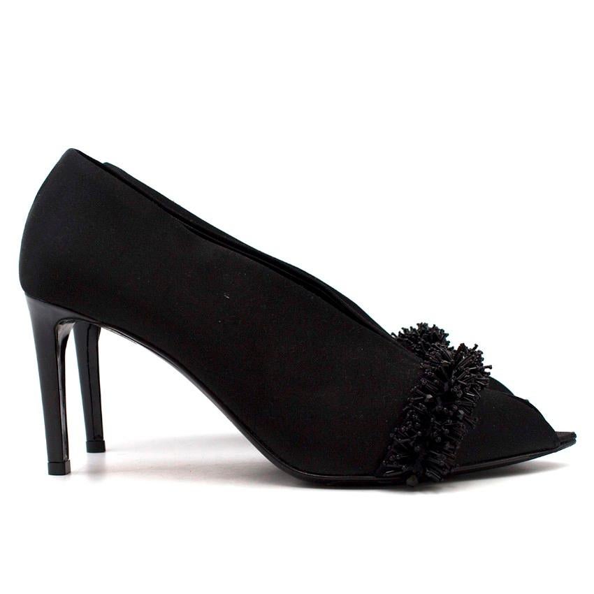 Balenciaga Beaded Satin Peep-toe Pumps

- Black satin pumps
- Black patent stiletto heel
- Pointed shaped toe
- Peep toe
- Slip on
- Beaded detail over the front of each shoe


Please note, these items are pre-owned and may show some signs of