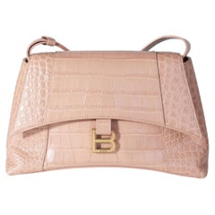 Balenciaga Beige Croc Embossed Hourglass Downtown Shoulder Bag