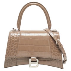 Balenciaga Beige Croc Embossed Leather Small Hourglass Box Top Handle Bag