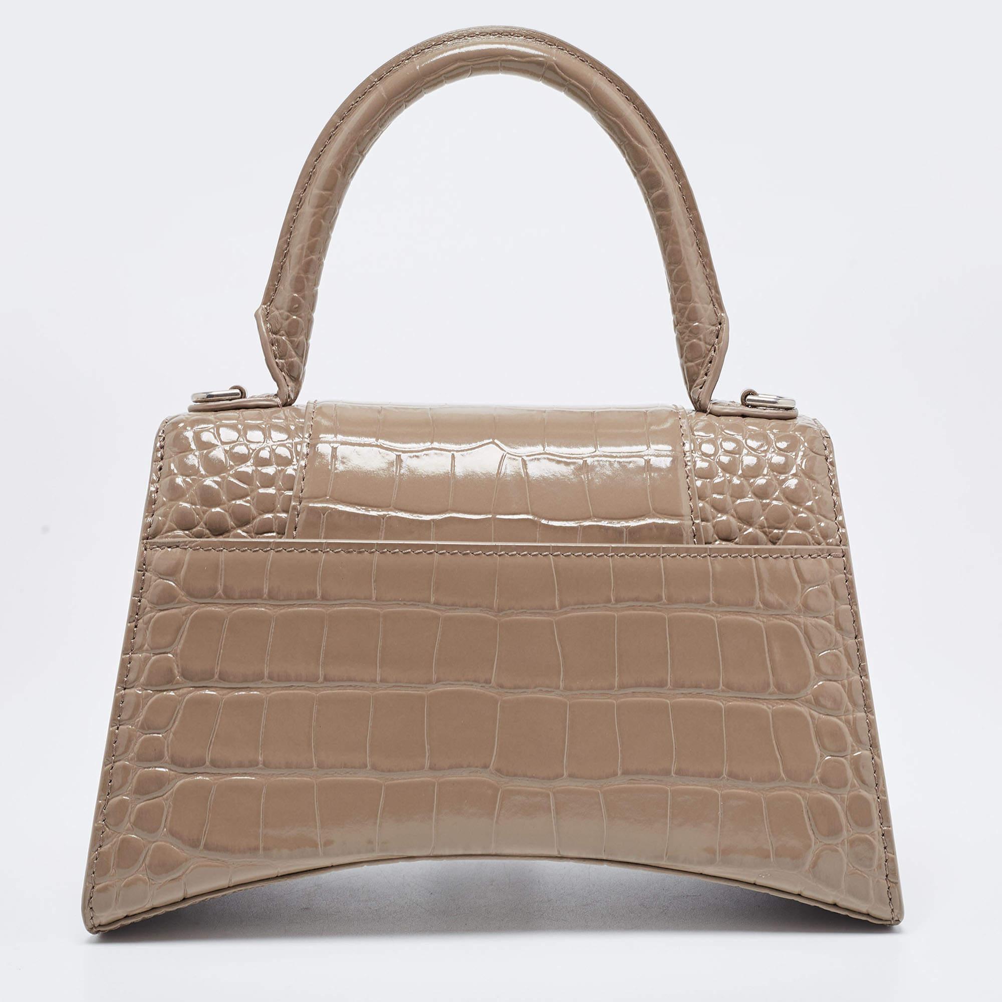 Balenciaga Beige Croc Embossed Leather Small Hourglass Top Handle Bag 7