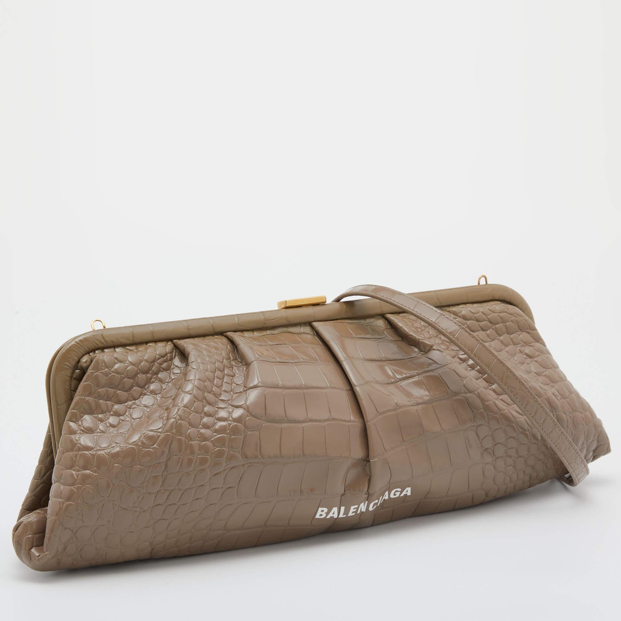 Women's Balenciaga Beige Croc Embossed Leather XL Cloud Clutch