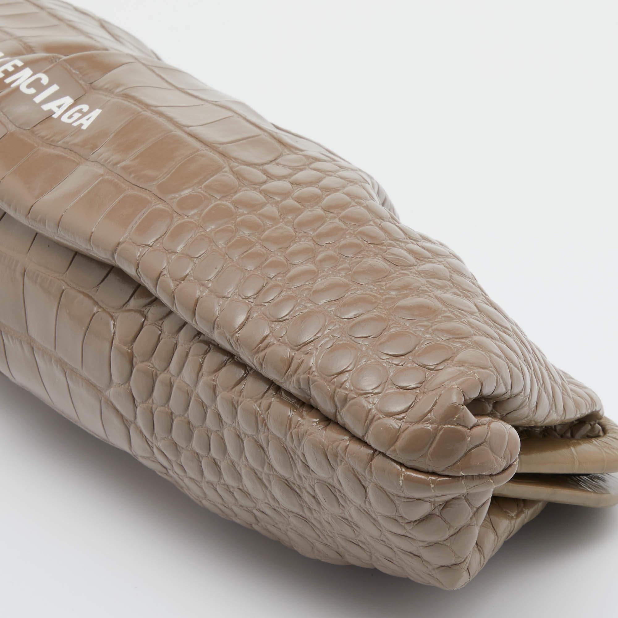 Balenciaga Beige Croc Embossed Leather XL Cloud Clutch 4