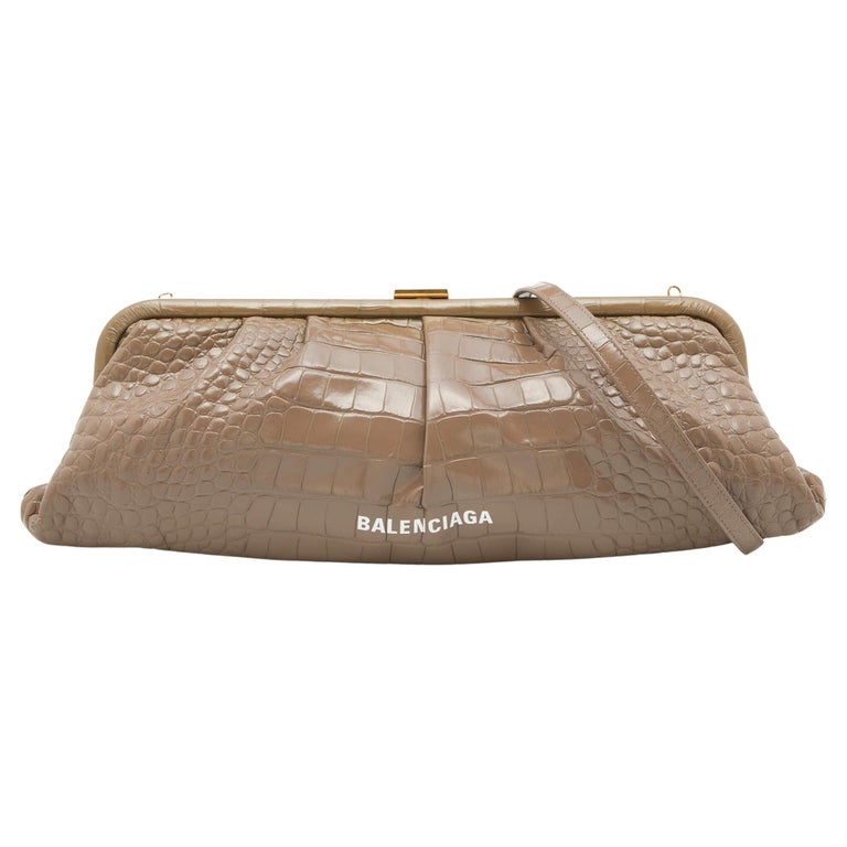 Balenciaga Beige Croc Embossed Leather XL Cloud Clutch For Sale at 1stDibs