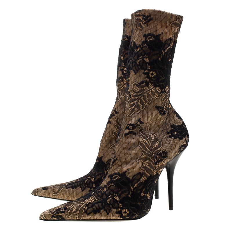Women's Balenciaga Beige Fabric And Black Floral Lace Pointed Toe Mid Calf Boots Size 39