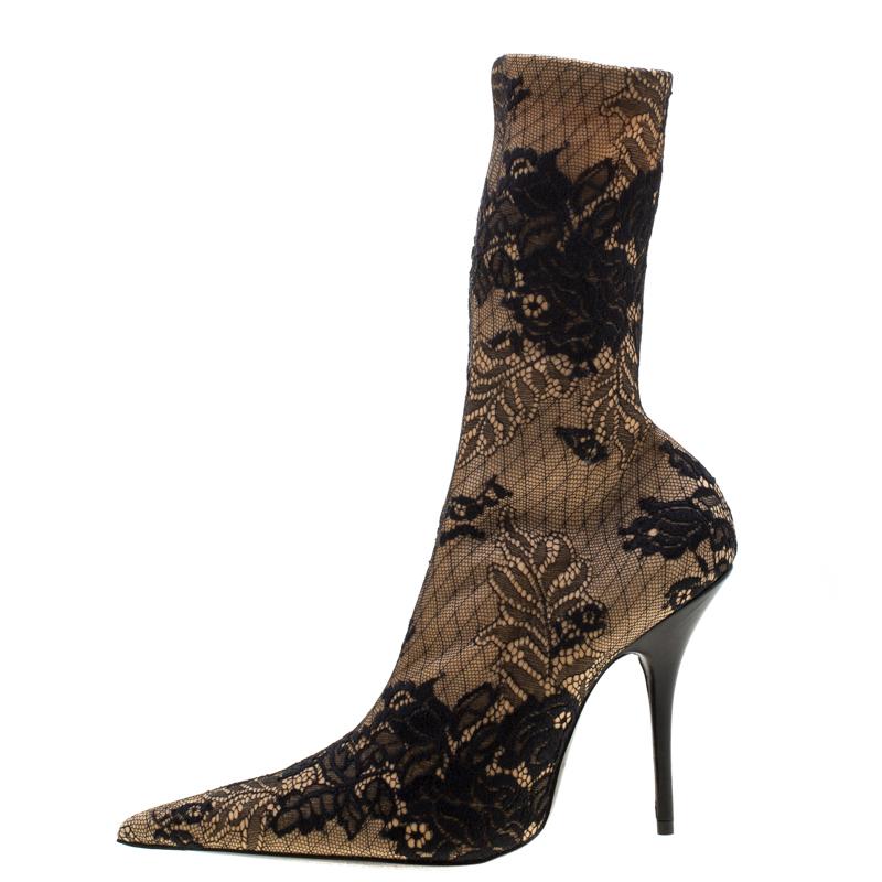 Balenciaga Beige Fabric And Black Floral Lace Pointed Toe Mid Calf Boots Size 39 2